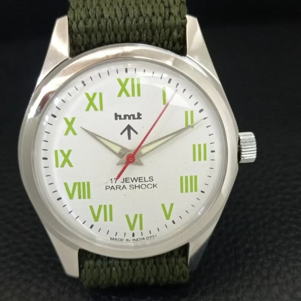 Vintage 1983 HMT Manual Wound Mens Silver Watch & Green accents